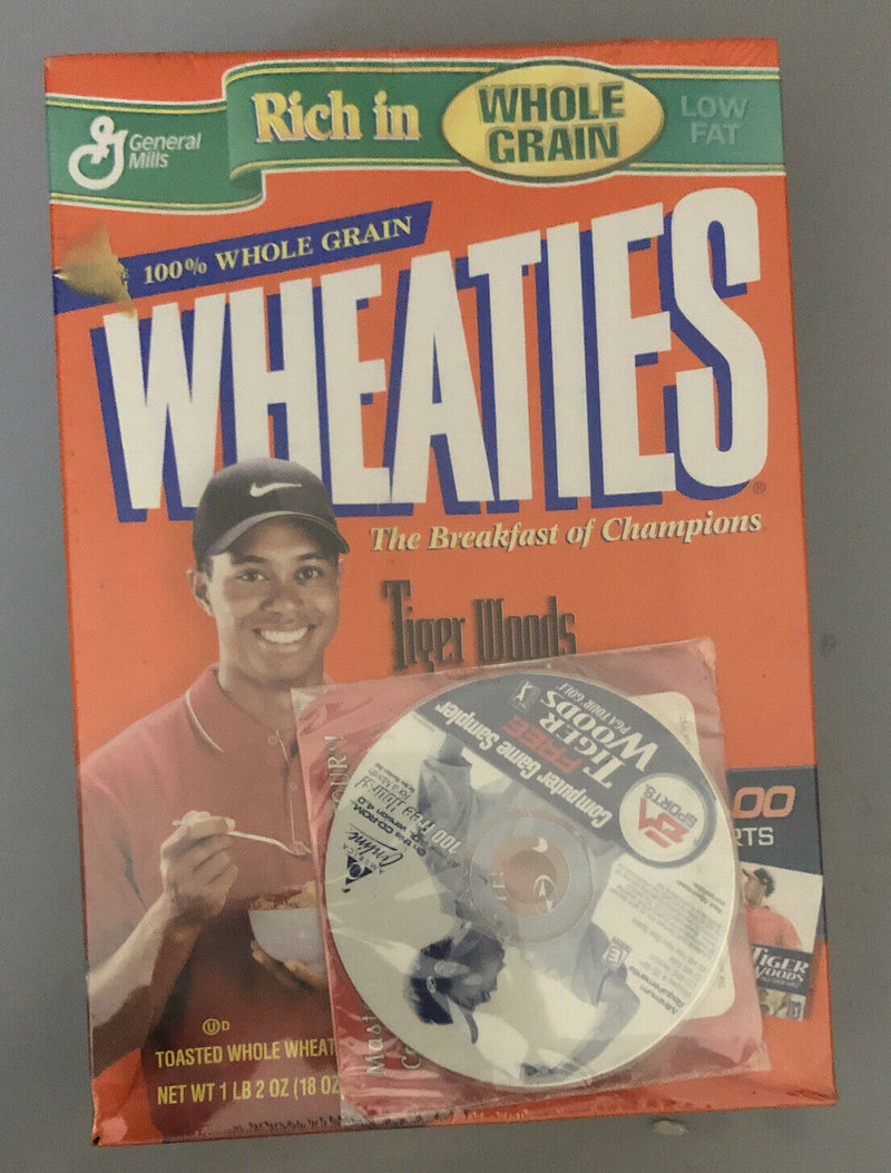 Vtg 2000 Tiger Woods Wheaties box W/ AOL EA Sports PGA Tour Game Sampler CD New