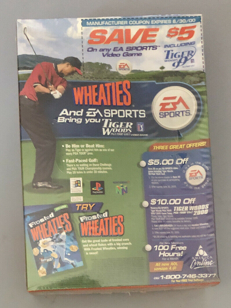 Vtg 2000 Tiger Woods Wheaties box W/ AOL EA Sports PGA Tour Game Sampler CD New