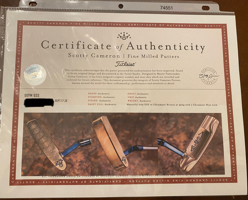 Scotty Cameron Masterful 009 GSS in Chomatic Bronze with a Chromatic Blue Neck