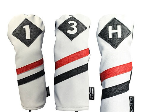 Majek Golf 1 3 H Driver Wood & Hybrid Headcover White Red Black Leather Style